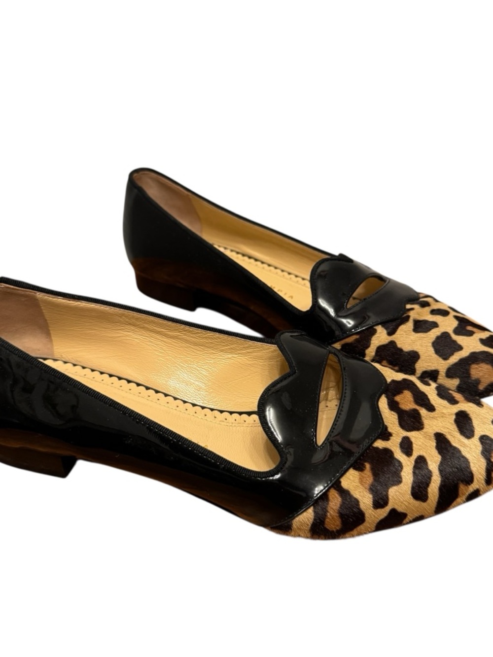 Charlotte Olympia Black Leather Leopard Pony Hair Cutout Lip Flats Size 38 Chic